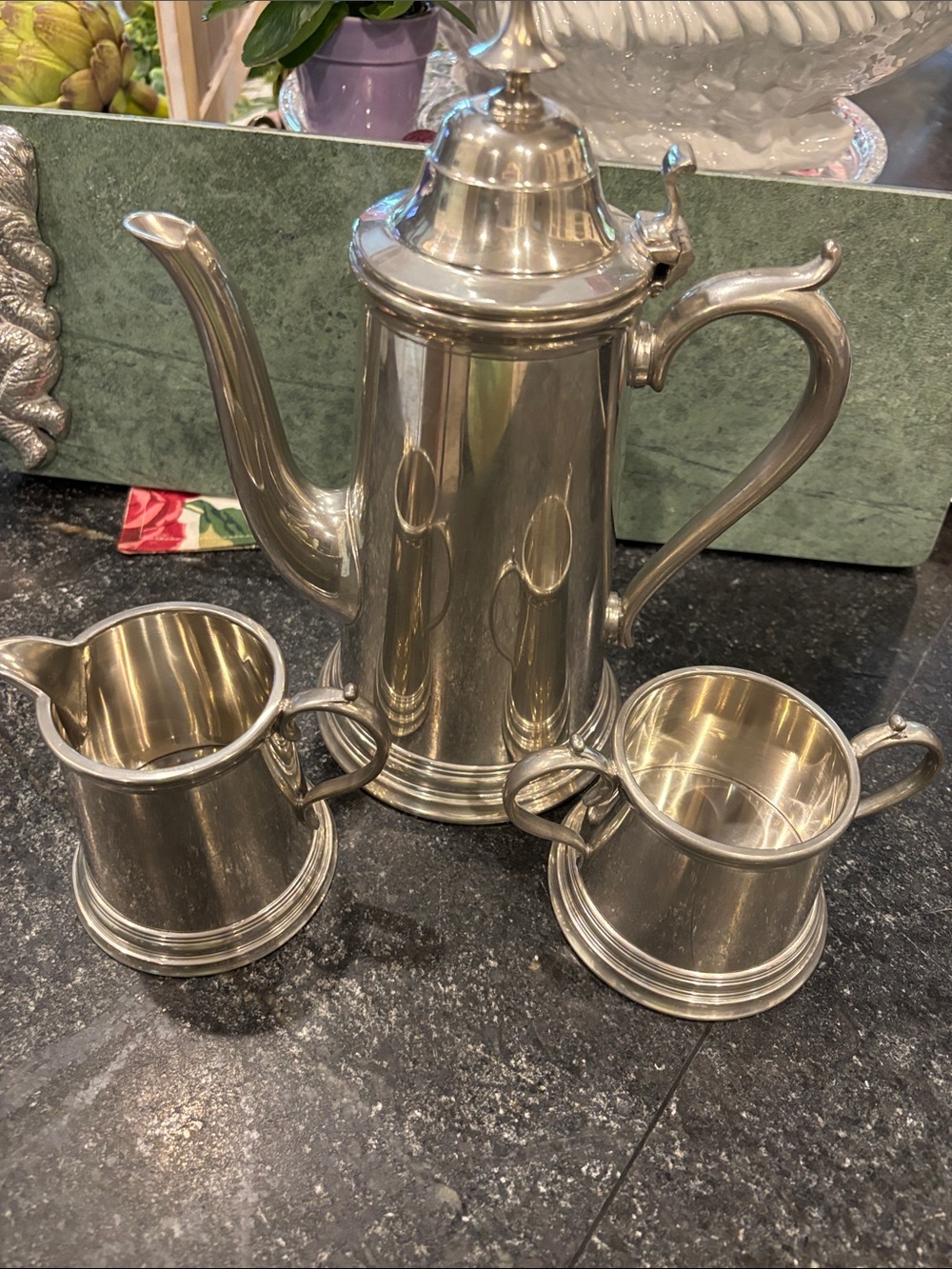 Sheffield, England, pewter coffee, creamer, and sugar bowl